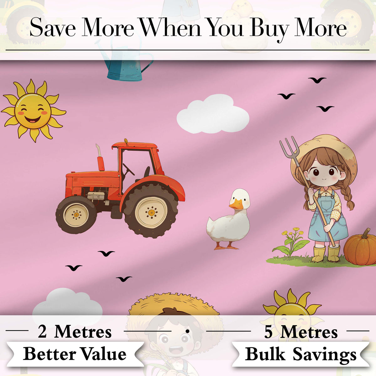 Cute Farm Tractor Duck Girl Sunny Field Rose Background Seamless Pattern Digital Print Fabric by the Metre UK Sewing Quilting Textile