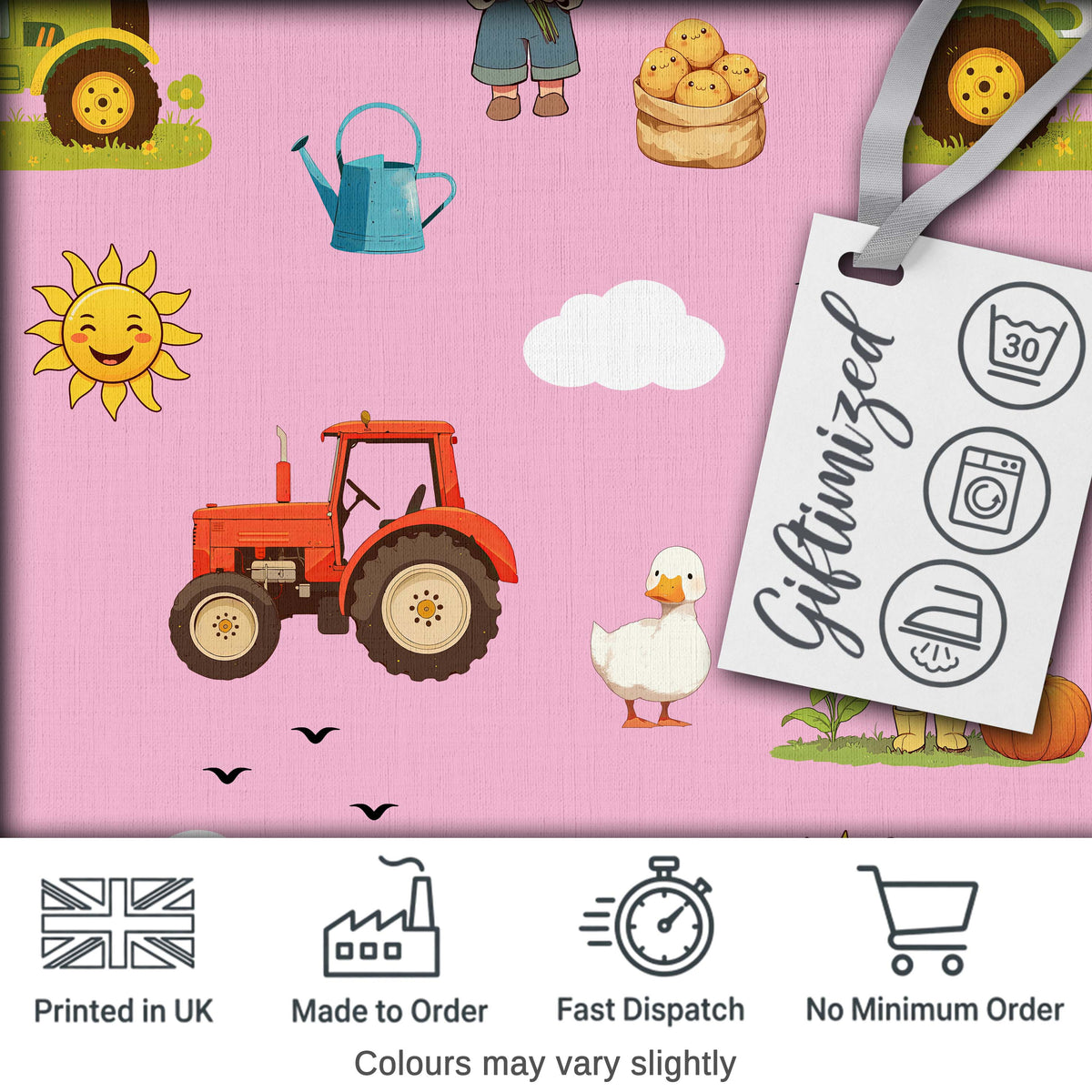 Cute Farm Tractor Duck Girl Sunny Field Rose Background Seamless Pattern Digital Print Fabric by the Metre UK Sewing Quilting Textile