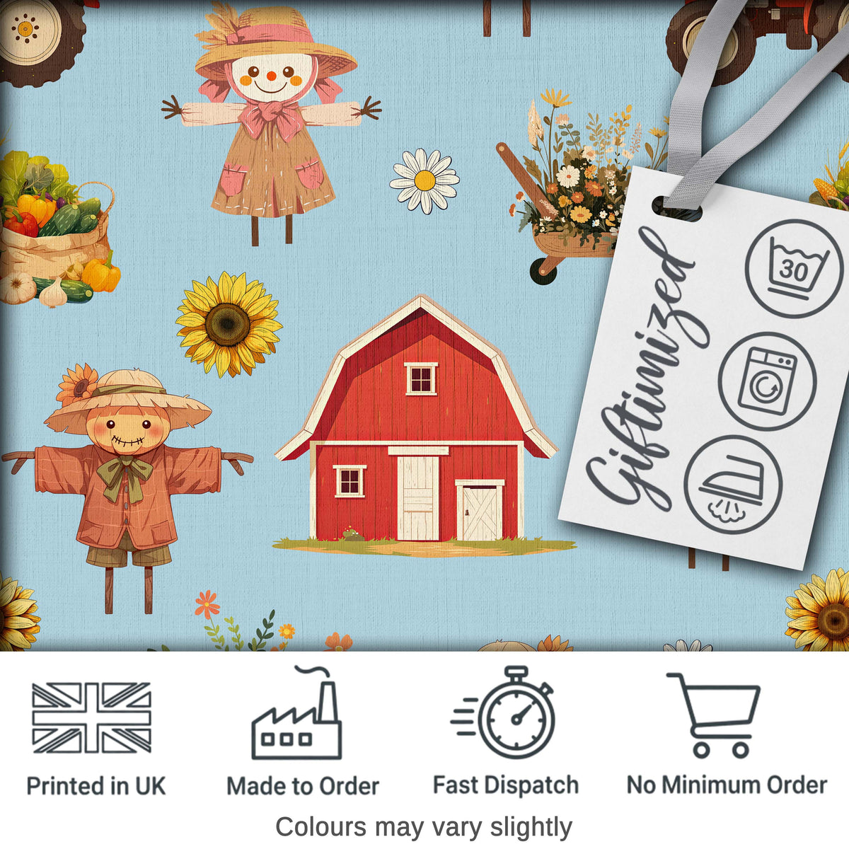 Cute Scarecrow Barn Sunflower Farm Blue Background Seamless Pattern Digital Print Fabric by the Metre UK Sewing Quilting Textile
