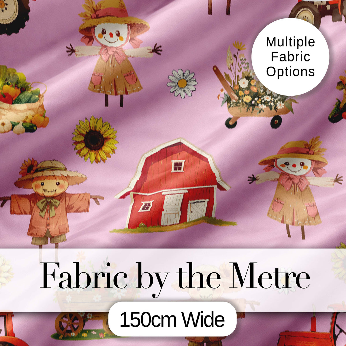 Cute Scarecrow Barn Sunflower Farm Blush Pink Background Seamless Pattern Digital Print Fabric by the Metre UK Sewing Quilting Textile