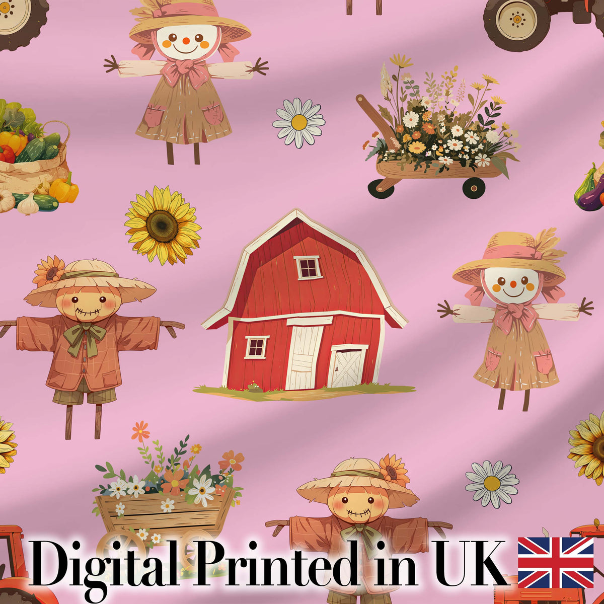 Cute Scarecrow Barn Sunflower Farm Blush Pink Background Seamless Pattern Digital Print Fabric by the Metre UK Sewing Quilting Textile