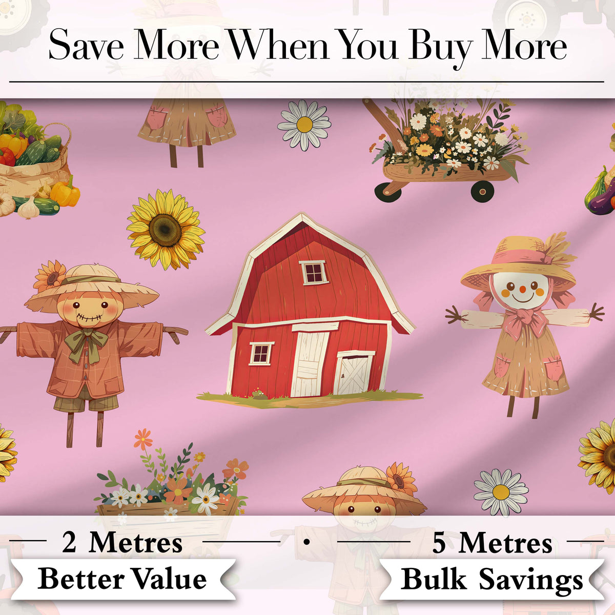 Cute Scarecrow Barn Sunflower Farm Blush Pink Background Seamless Pattern Digital Print Fabric by the Metre UK Sewing Quilting Textile