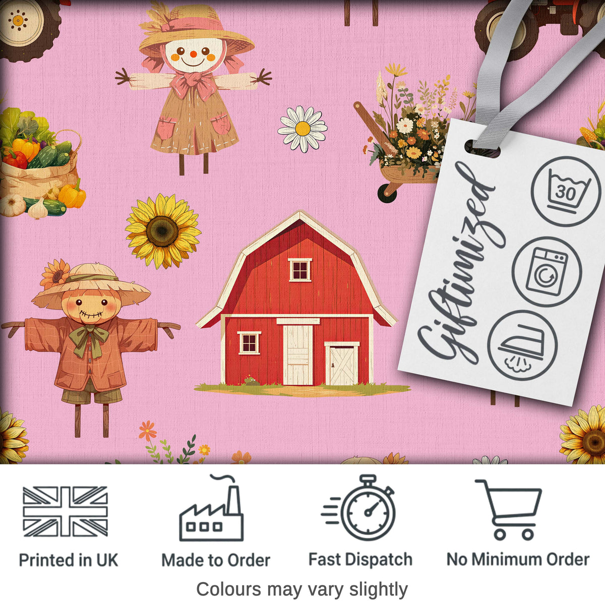 Cute Scarecrow Barn Sunflower Farm Blush Pink Background Seamless Pattern Digital Print Fabric by the Metre UK Sewing Quilting Textile