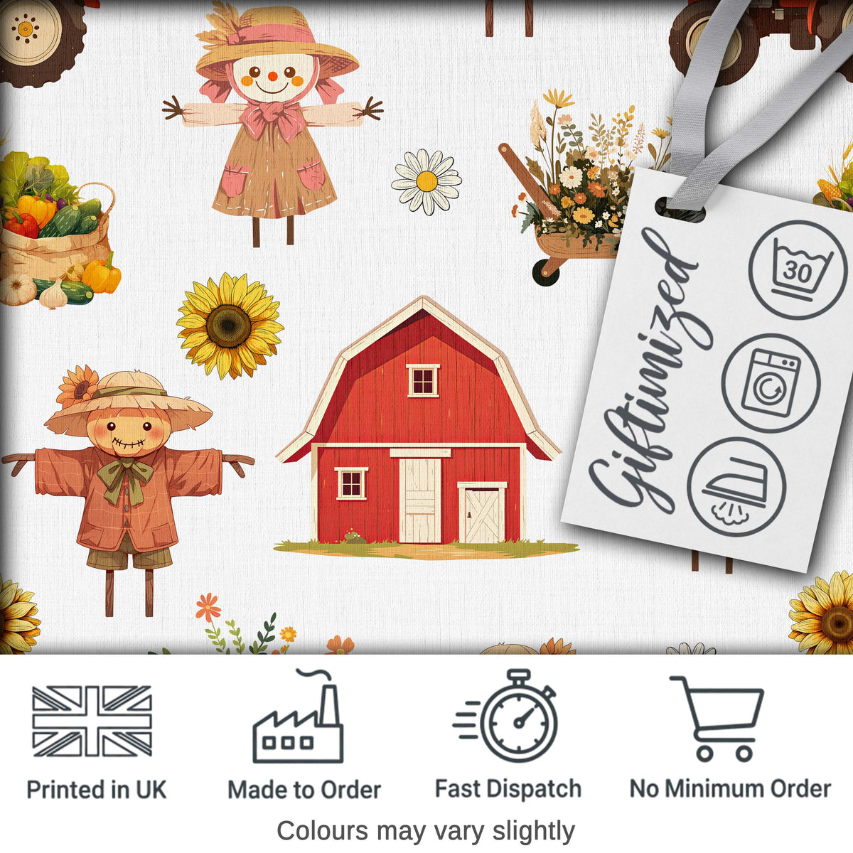 Cute Scarecrow Barn Sunflower Farm Grey Background Seamless Pattern Digital Print Fabric by the Metre UK Sewing Quilting Textile