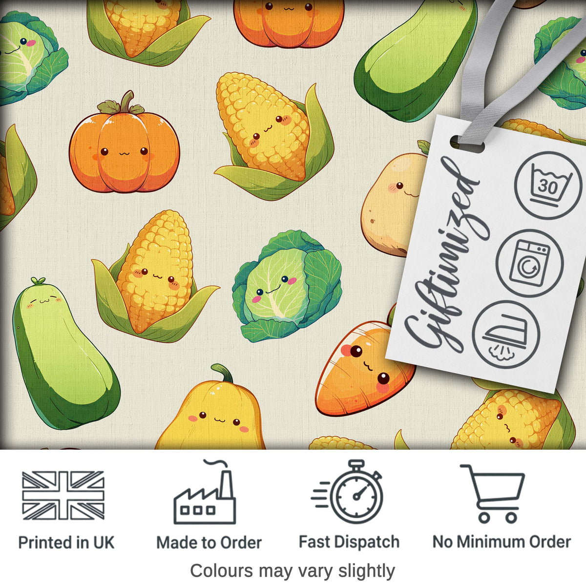 Cute Kawaii Vegetables Corn Carrot Pumpkin Cream Background Seamless Pattern Digital Print Fabric by the Metre UK Sewing Quilting Textile