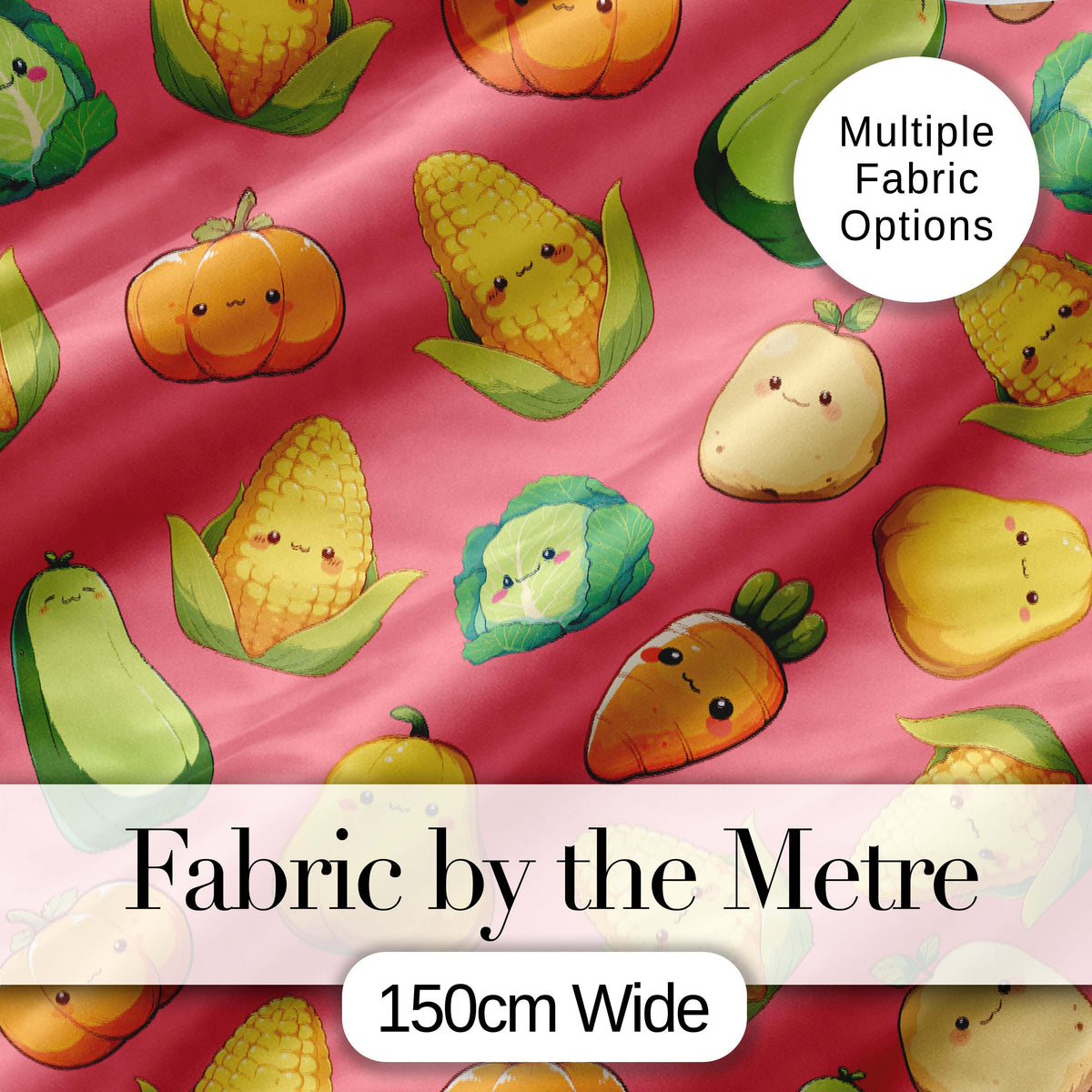 Cute Kawaii Vegetables Corn Carrot Pumpkin Coral Background Seamless Pattern Digital Print Fabric by the Metre UK Sewing Quilting Textile