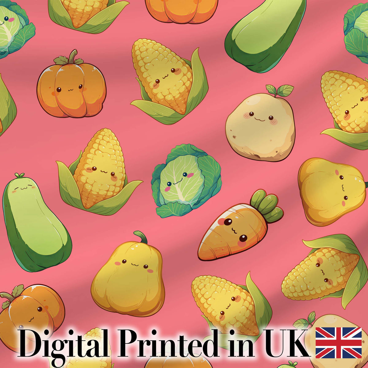 Cute Kawaii Vegetables Corn Carrot Pumpkin Coral Background Seamless Pattern Digital Print Fabric by the Metre UK Sewing Quilting Textile