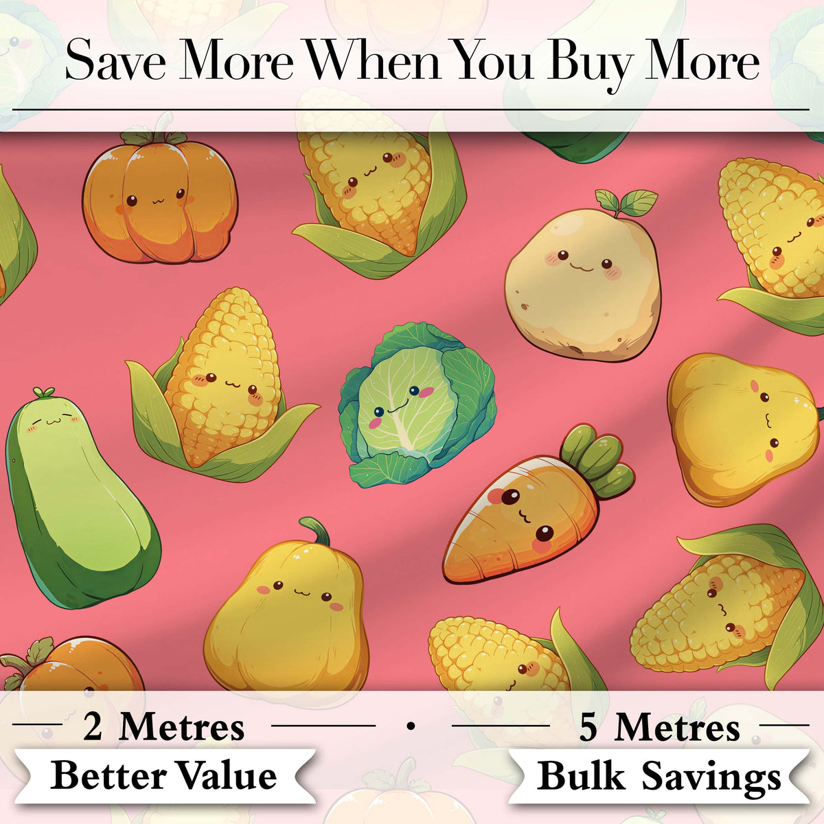Cute Kawaii Vegetables Corn Carrot Pumpkin Coral Background Seamless Pattern Digital Print Fabric by the Metre UK Sewing Quilting Textile
