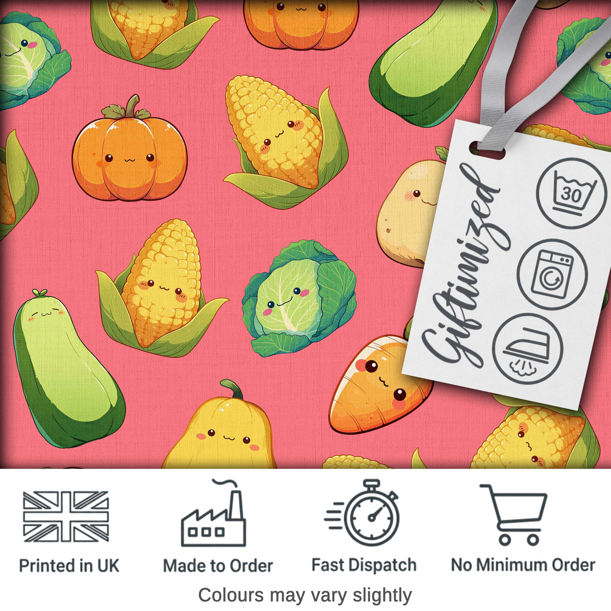 Cute Kawaii Vegetables Corn Carrot Pumpkin Coral Background Seamless Pattern Digital Print Fabric by the Metre UK Sewing Quilting Textile
