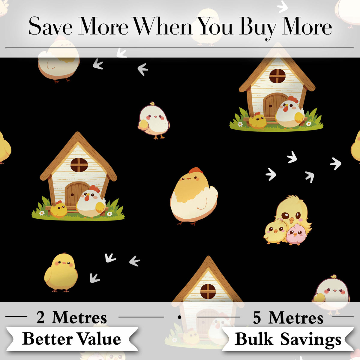 Cute Baby Chick Hen Coop Farm Black Background Seamless Pattern Digital Print Fabric by the Metre UK Sewing Quilting Textile
