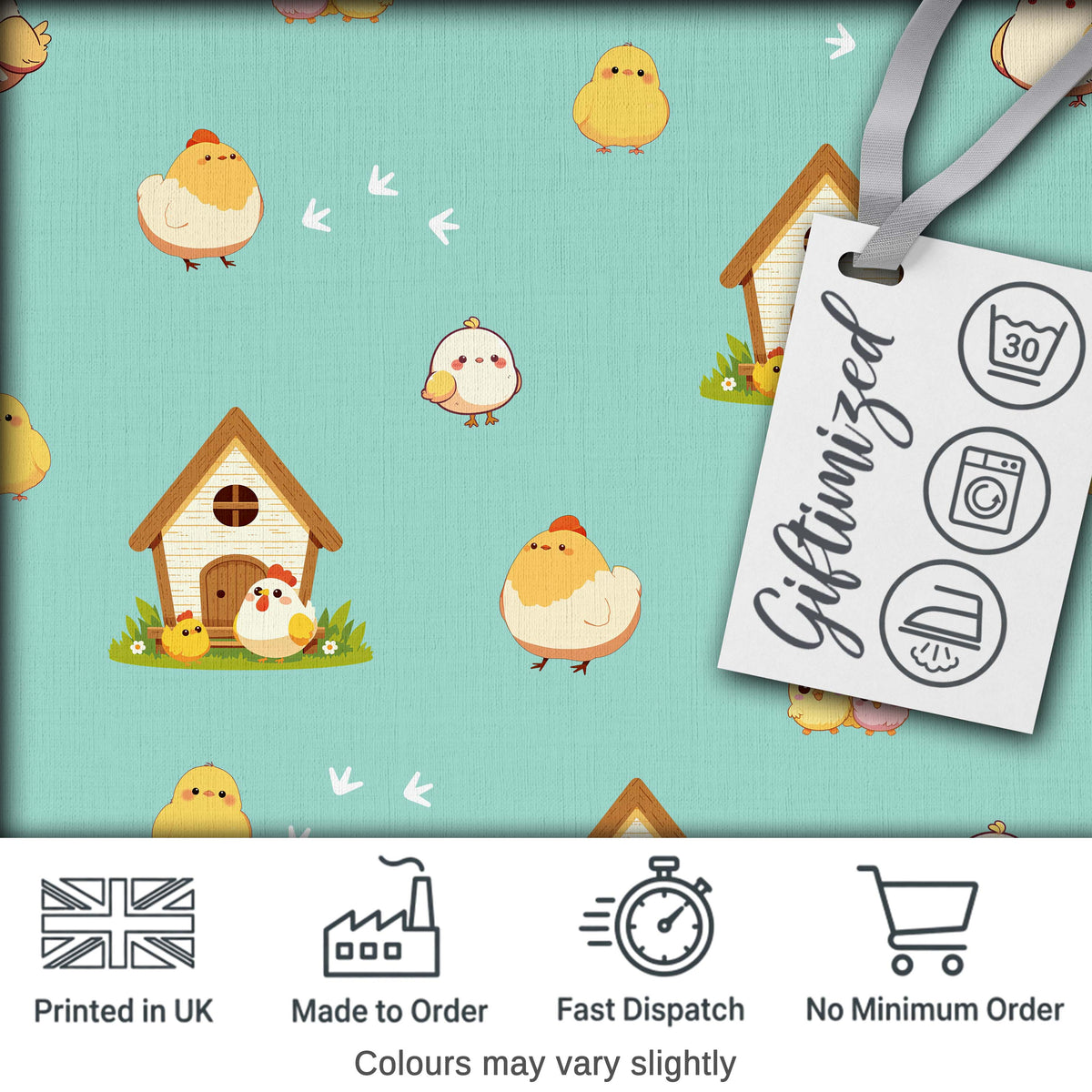 Cute Baby Chick Hen Coop Farm Teal Background Seamless Pattern Digital Print Fabric by the Metre UK Sewing Quilting Textile