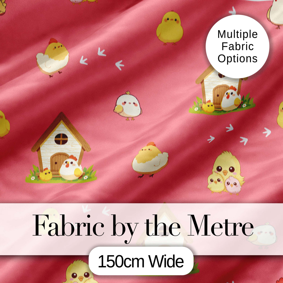 Cute Baby Chick Hen Coop Farm Coral Background Seamless Pattern Digital Print Fabric by the Metre UK Sewing Quilting Textile