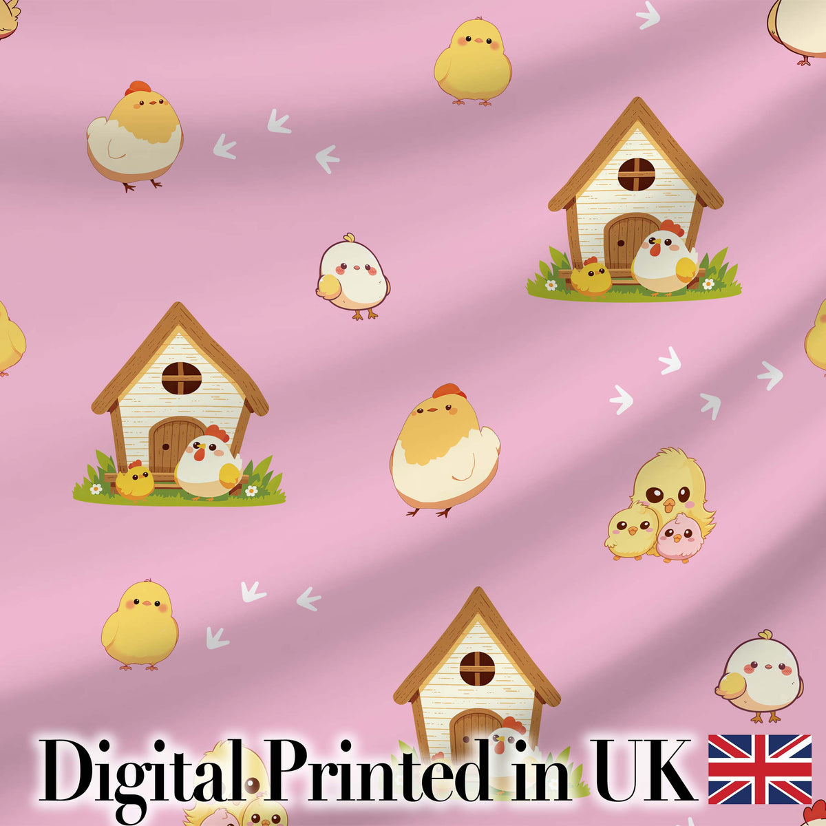 Cute Baby Chick Hen Coop Farm Soft Pink Background Seamless Pattern Digital Print Fabric by the Metre UK Sewing Quilting Textile