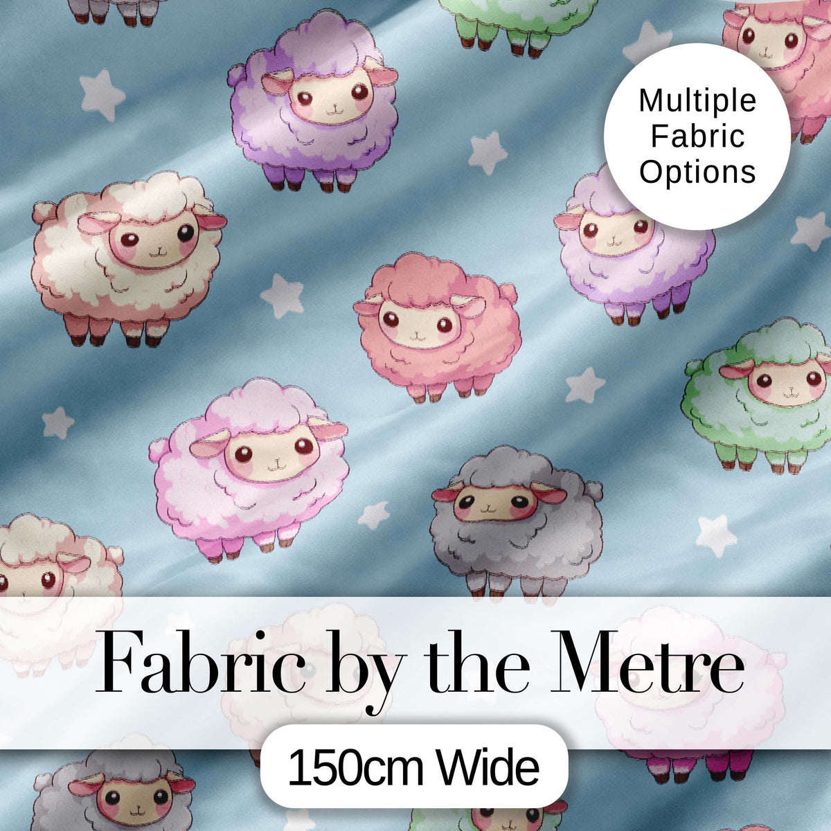 Cute Pastel Sheep Stars Blue Background Seamless Pattern Digital Print Fabric by the Metre UK Sewing Quilting Textile