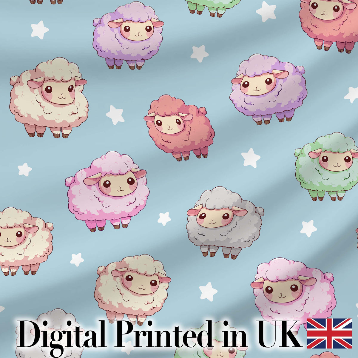 Cute Pastel Sheep Stars Blue Background Seamless Pattern Digital Print Fabric by the Metre UK Sewing Quilting Textile