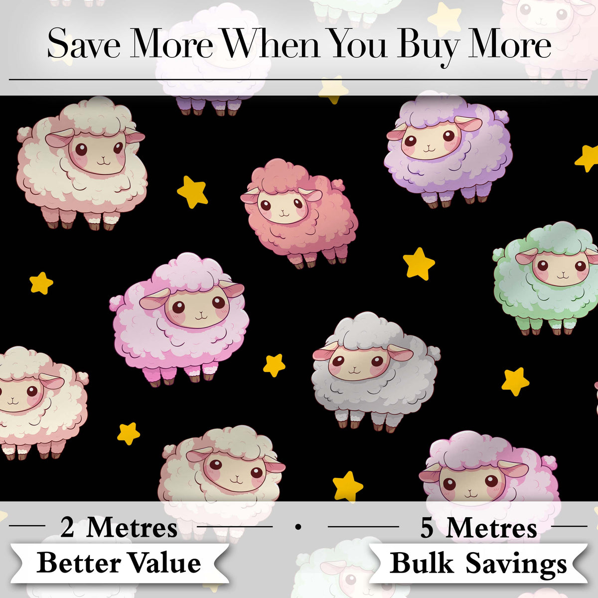 Cute Pastel Sheep Stars Black Background Seamless Pattern Digital Print Fabric by the Metre UK Sewing Quilting Textile