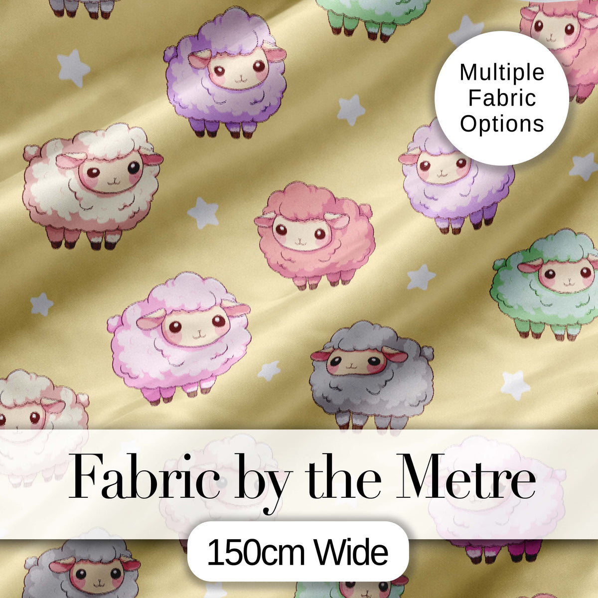 Cute Pastel Sheep Stars Yellow Background Seamless Pattern Digital Print Fabric by the Metre UK Sewing Quilting Textile