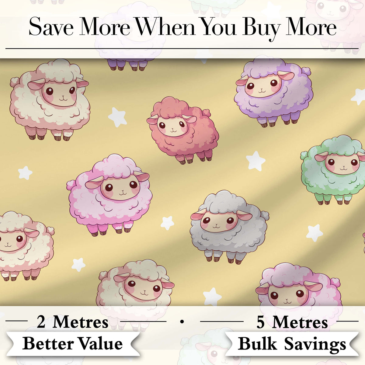 Cute Pastel Sheep Stars Yellow Background Seamless Pattern Digital Print Fabric by the Metre UK Sewing Quilting Textile