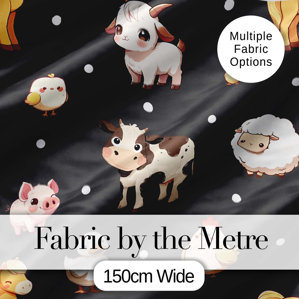 Cute Farm Animals Cow Goat Pig Chicken Dark Seamless Pattern Digital Print Fabric by the Metre UK Sewing Quilting Textile