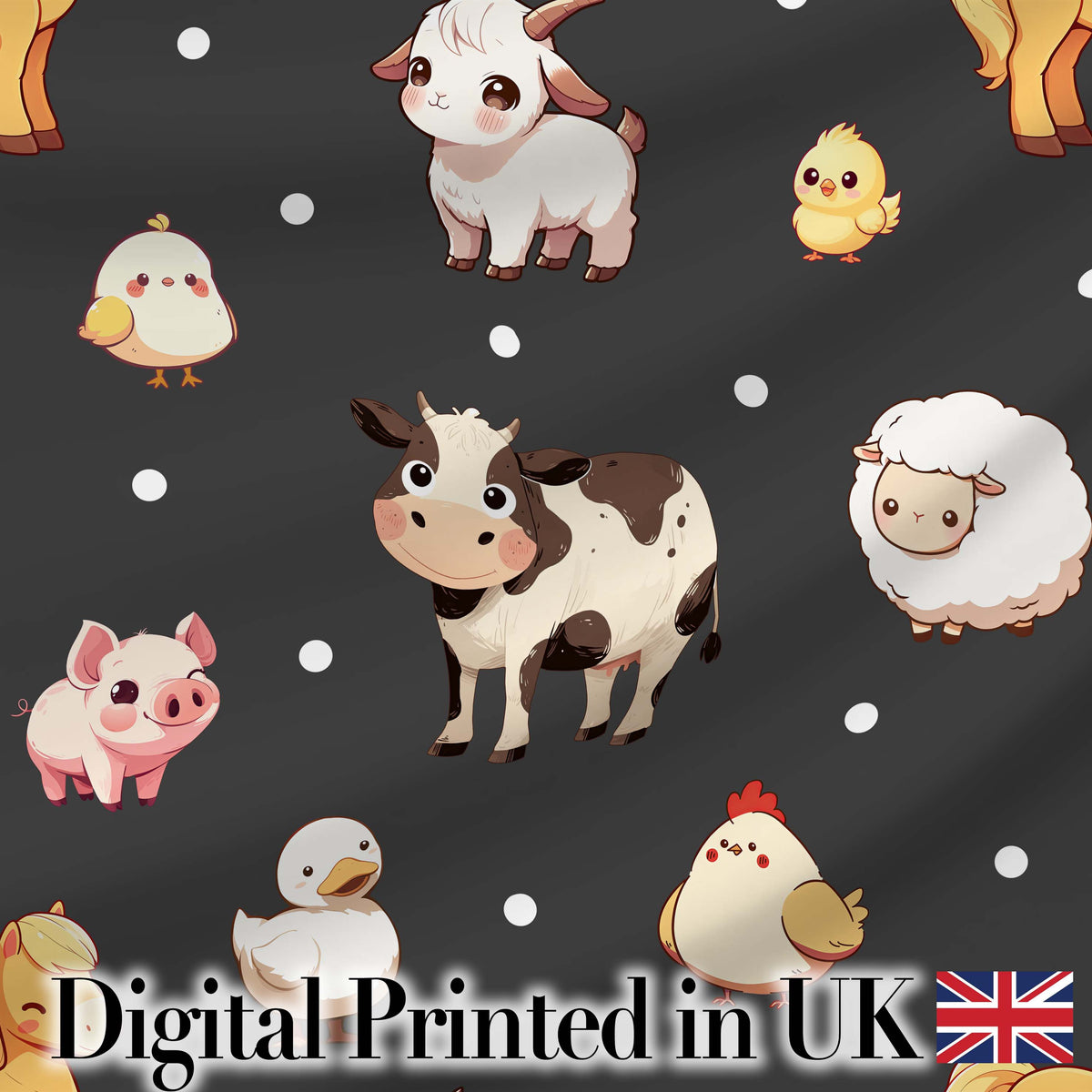 Cute Farm Animals Cow Goat Pig Chicken Dark Seamless Pattern Digital Print Fabric by the Metre UK Sewing Quilting Textile