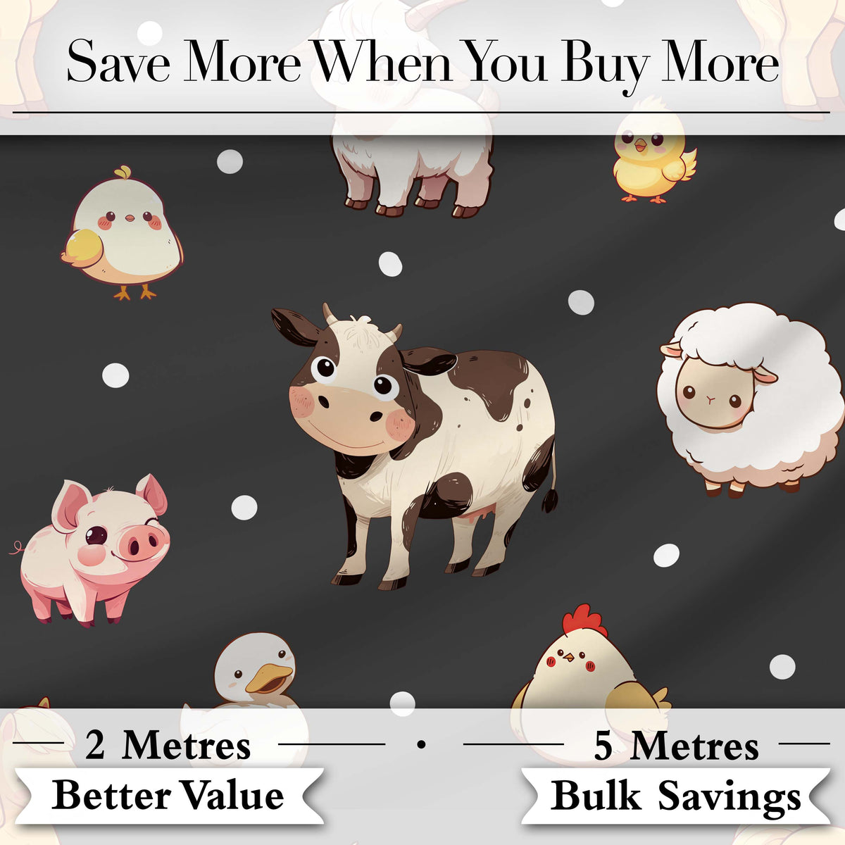 Cute Farm Animals Cow Goat Pig Chicken Dark Seamless Pattern Digital Print Fabric by the Metre UK Sewing Quilting Textile