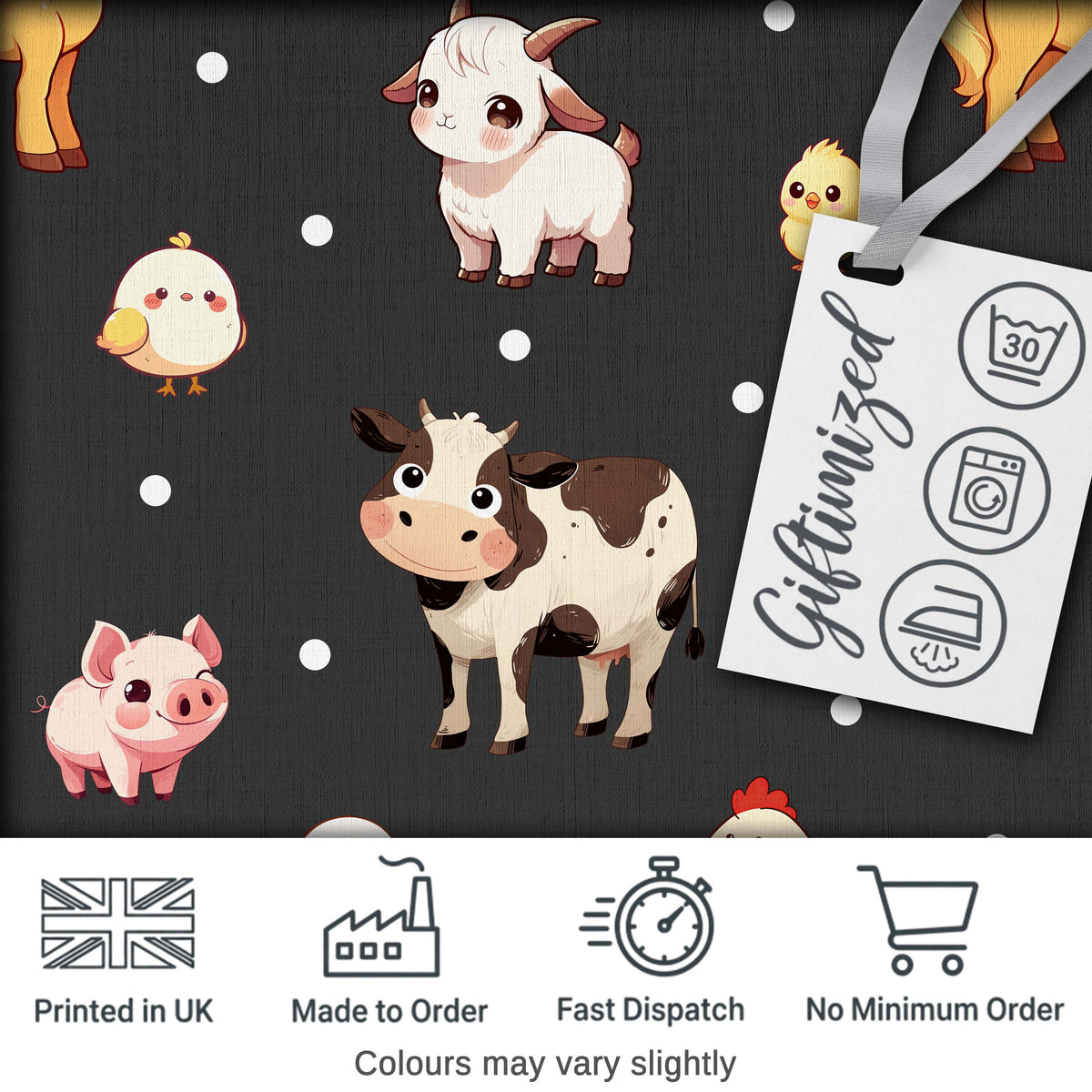 Cute Farm Animals Cow Goat Pig Chicken Dark Seamless Pattern Digital Print Fabric by the Metre UK Sewing Quilting Textile