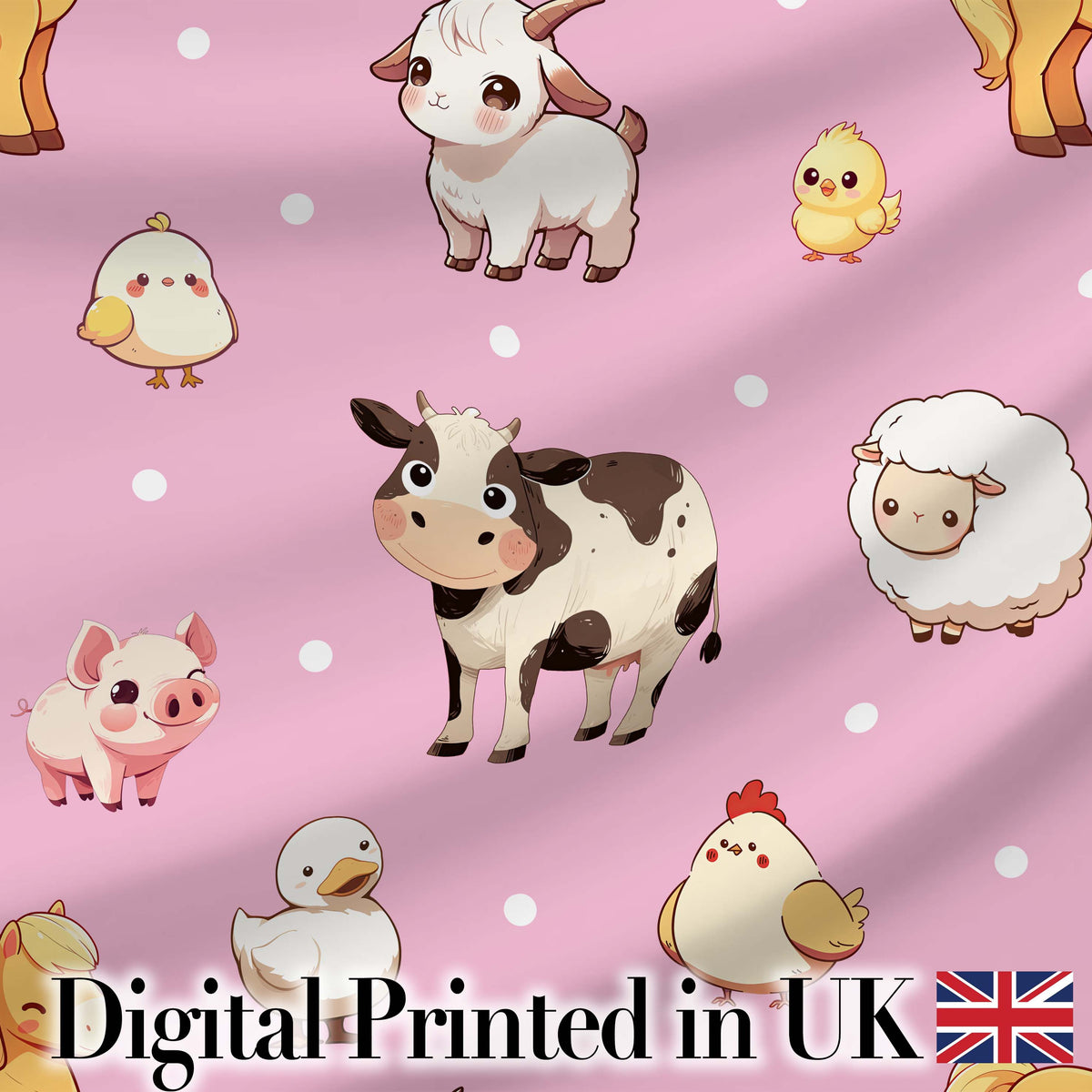 Cute Farm Animals Cow Goat Pig Chicken Rose Pink Seamless Pattern Digital Print Fabric by the Metre UK Sewing Quilting Textile