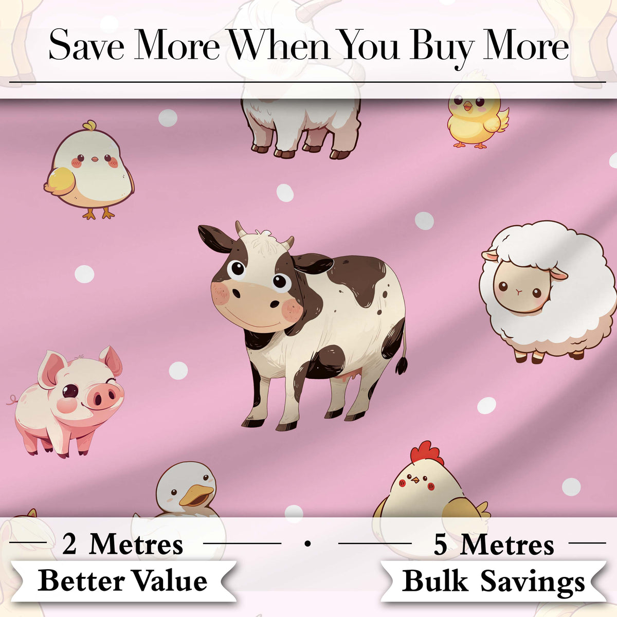 Cute Farm Animals Cow Goat Pig Chicken Rose Pink Seamless Pattern Digital Print Fabric by the Metre UK Sewing Quilting Textile