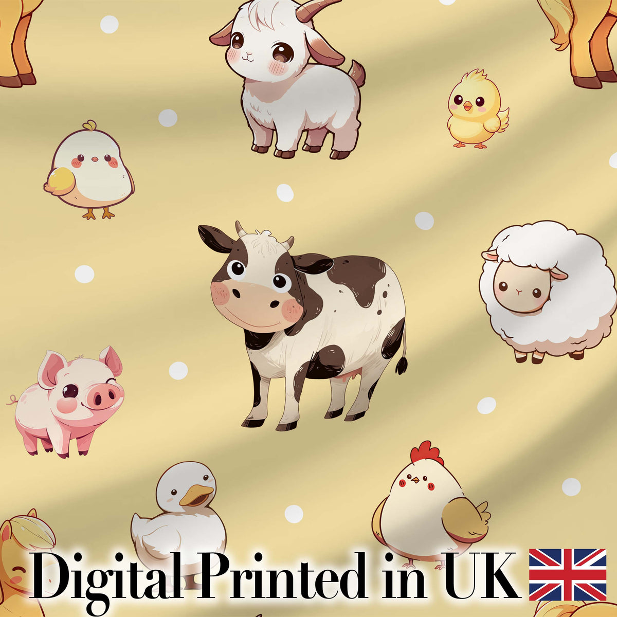 Cute Farm Animals Cow Goat Pig Chicken Yellow Dots Seamless Pattern Digital Print Fabric by the Metre UK Sewing Quilting Textile