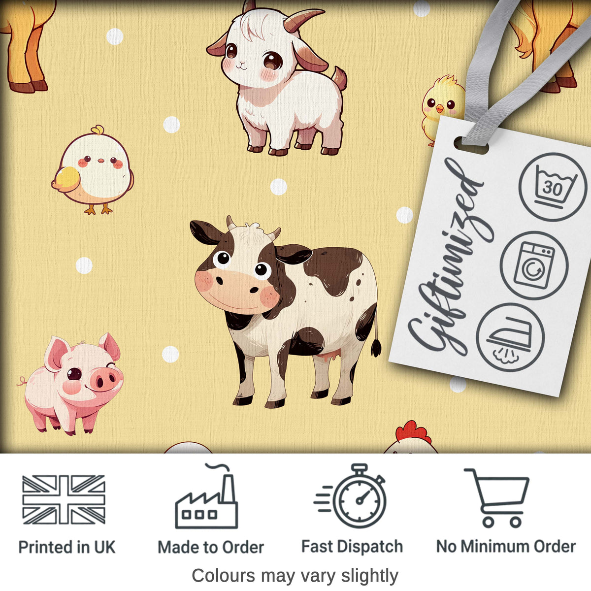 Cute Farm Animals Cow Goat Pig Chicken Yellow Dots Seamless Pattern Digital Print Fabric by the Metre UK Sewing Quilting Textile