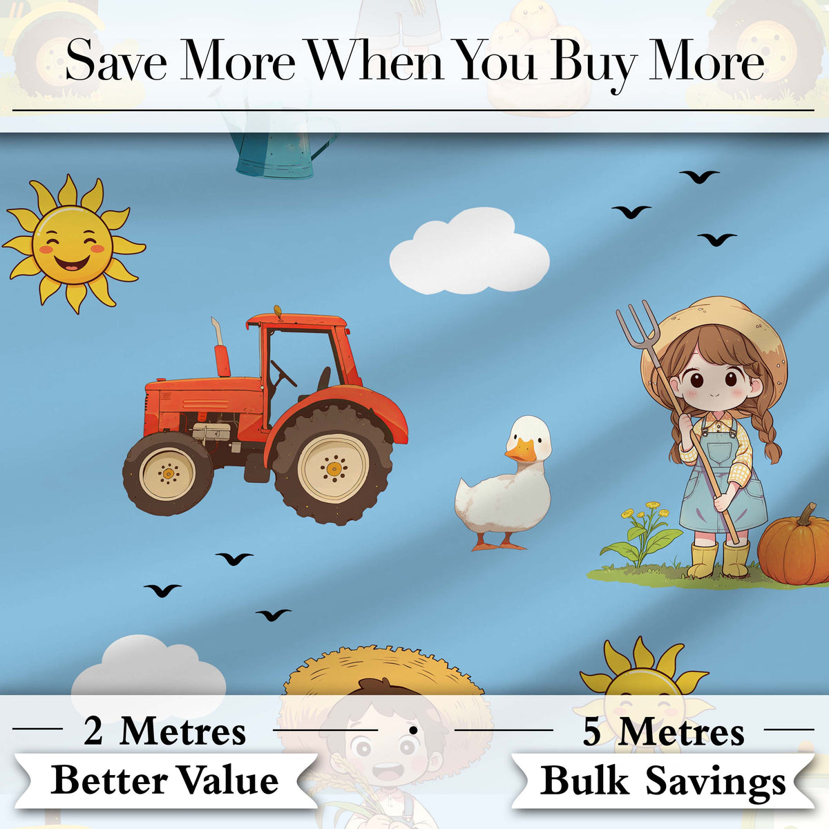 Cute Farm Tractor Farmer Duck Blue Sky Seamless Pattern Digital Print Fabric by the Metre UK Sewing Quilting Textile