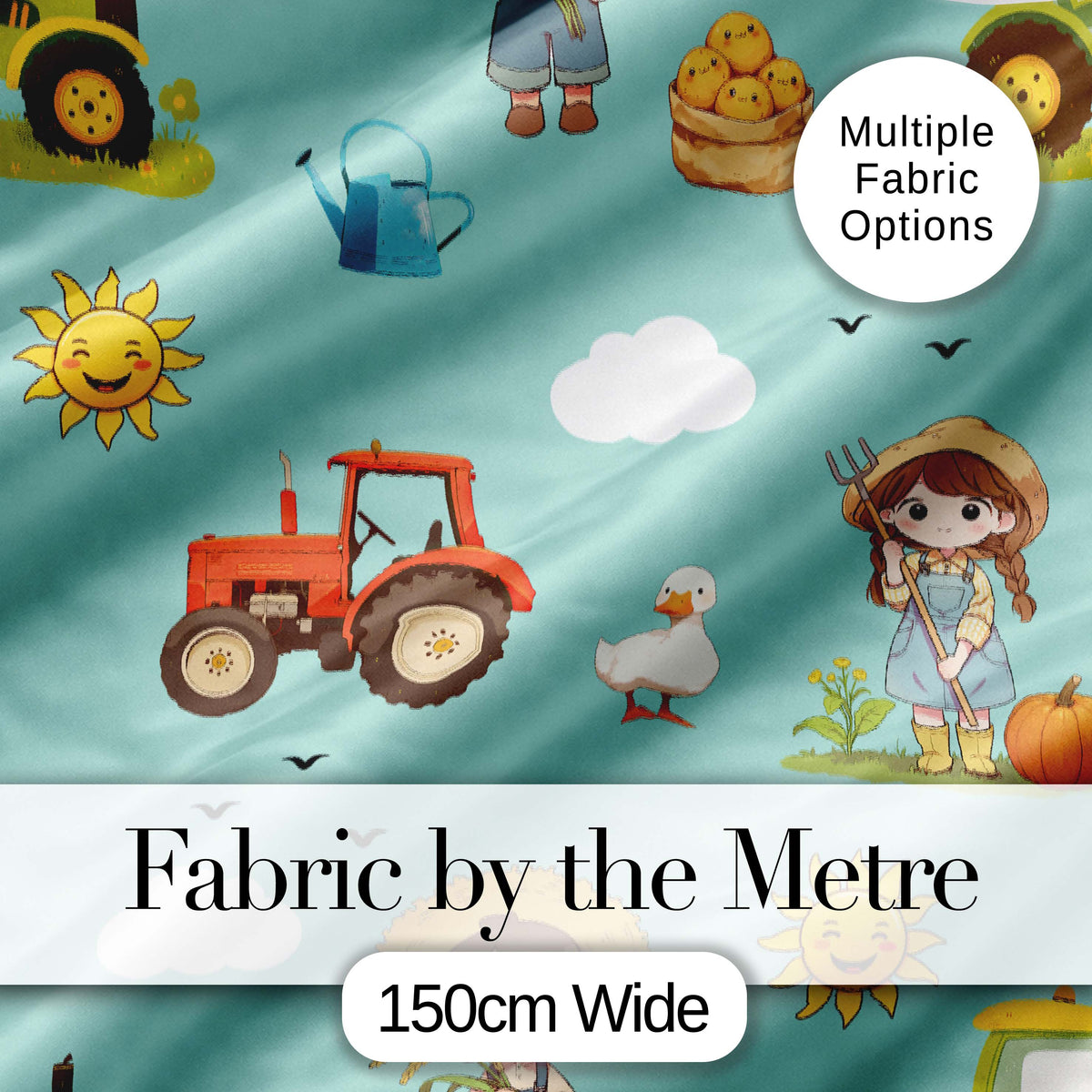 Cute Farm Tractor Farmer Duck Sun Clouds Mint Seamless Pattern Digital Print Fabric by the Metre UK Sewing Quilting Textile