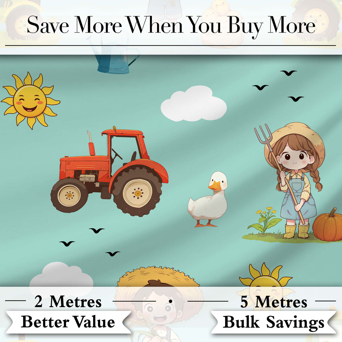 Cute Farm Tractor Farmer Duck Sun Clouds Mint Seamless Pattern Digital Print Fabric by the Metre UK Sewing Quilting Textile