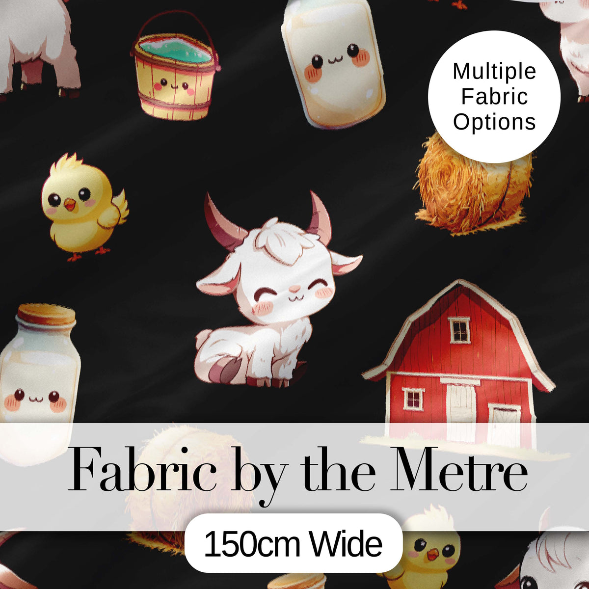 Cute Baby Goat Barn Hay Milk Chick Farm Black Seamless Pattern Digital Print Fabric by the Metre UK Sewing Quilting Textile