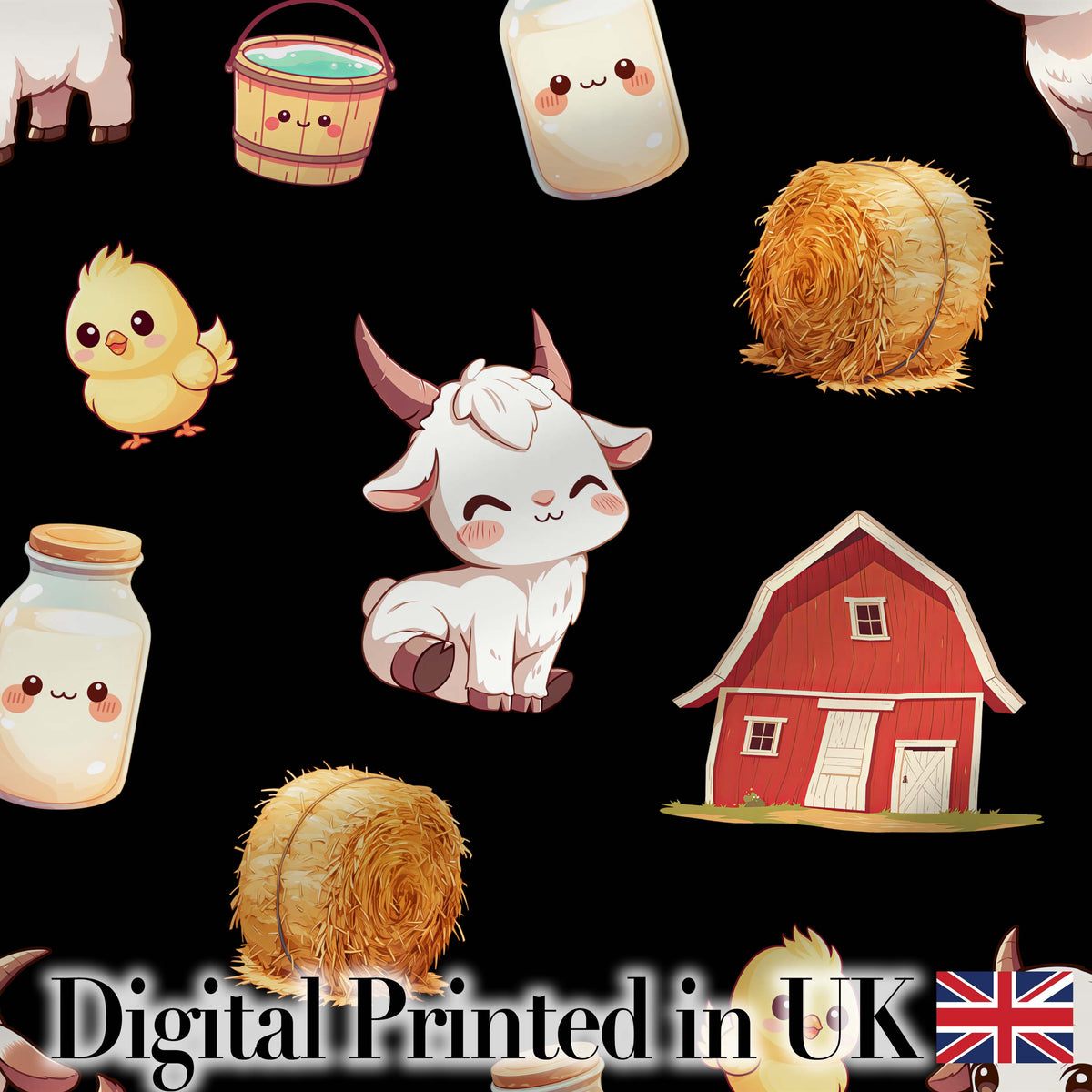 Cute Baby Goat Barn Hay Milk Chick Farm Black Seamless Pattern Digital Print Fabric by the Metre UK Sewing Quilting Textile