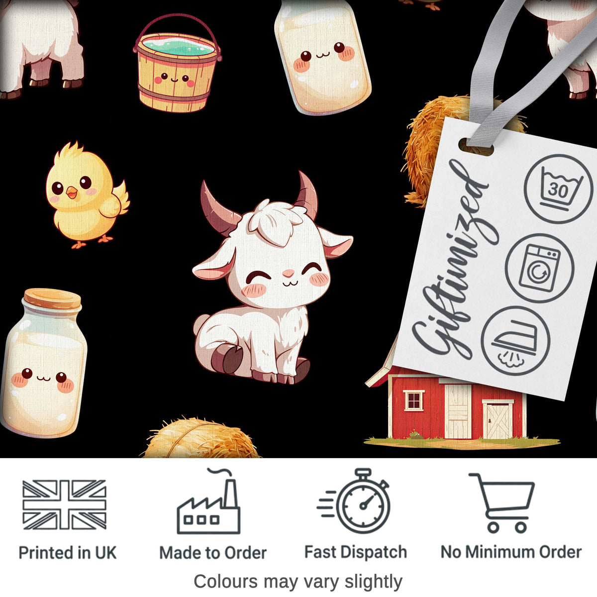 Cute Baby Goat Barn Hay Milk Chick Farm Black Seamless Pattern Digital Print Fabric by the Metre UK Sewing Quilting Textile