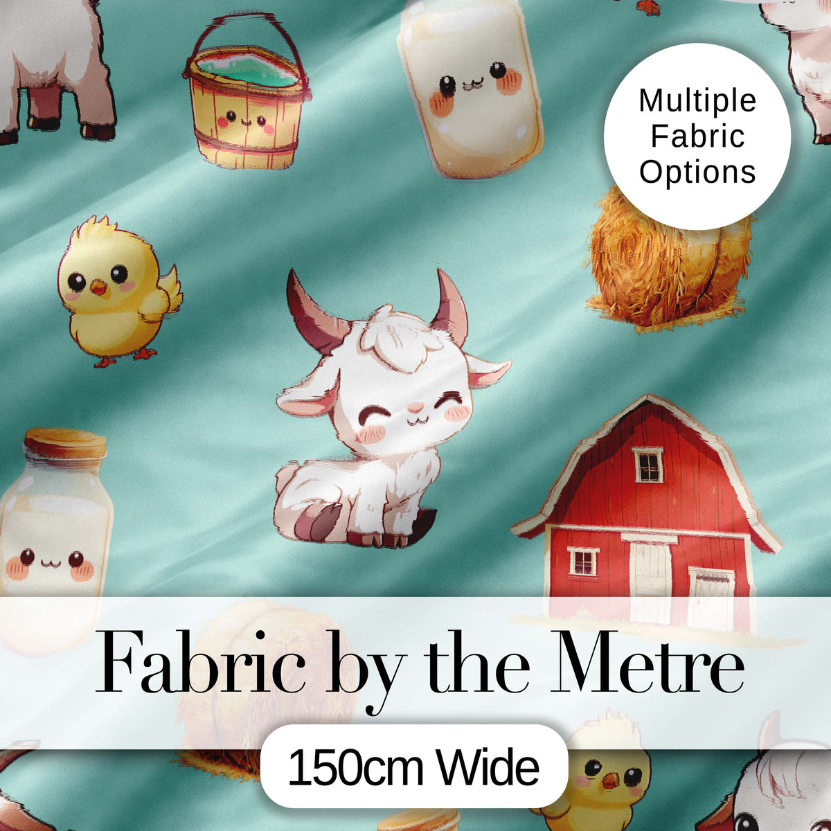 Cute Baby Goat Barn Hay Milk Chick Farm Mint Seamless Pattern Digital Print Fabric by the Metre UK Sewing Quilting Textile