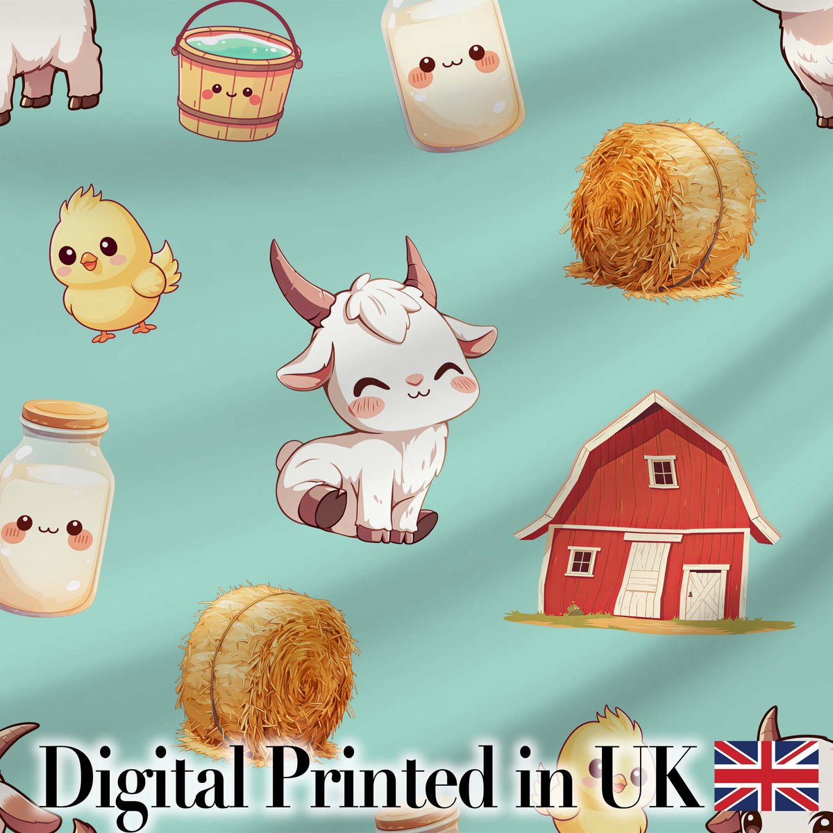Cute Baby Goat Barn Hay Milk Chick Farm Mint Seamless Pattern Digital Print Fabric by the Metre UK Sewing Quilting Textile