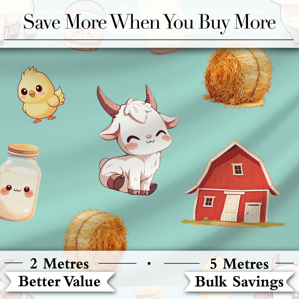 Cute Baby Goat Barn Hay Milk Chick Farm Mint Seamless Pattern Digital Print Fabric by the Metre UK Sewing Quilting Textile