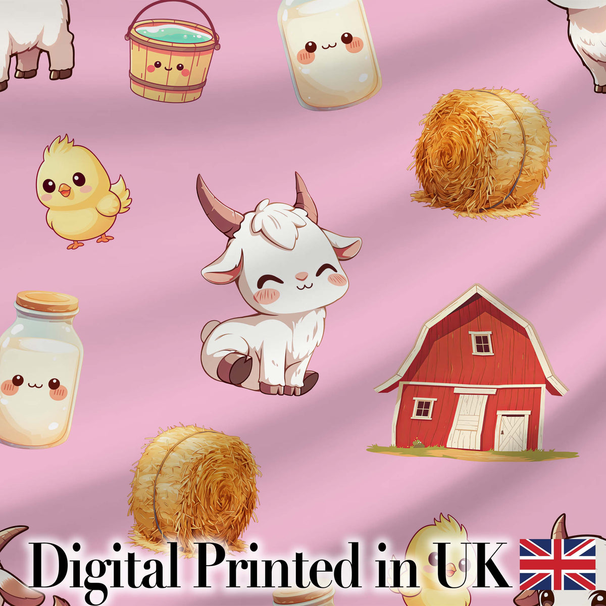 Cute Baby Goat Barn Hay Milk Chick Farm Rose Seamless Pattern Digital Print Fabric by the Metre UK Sewing Quilting Textile