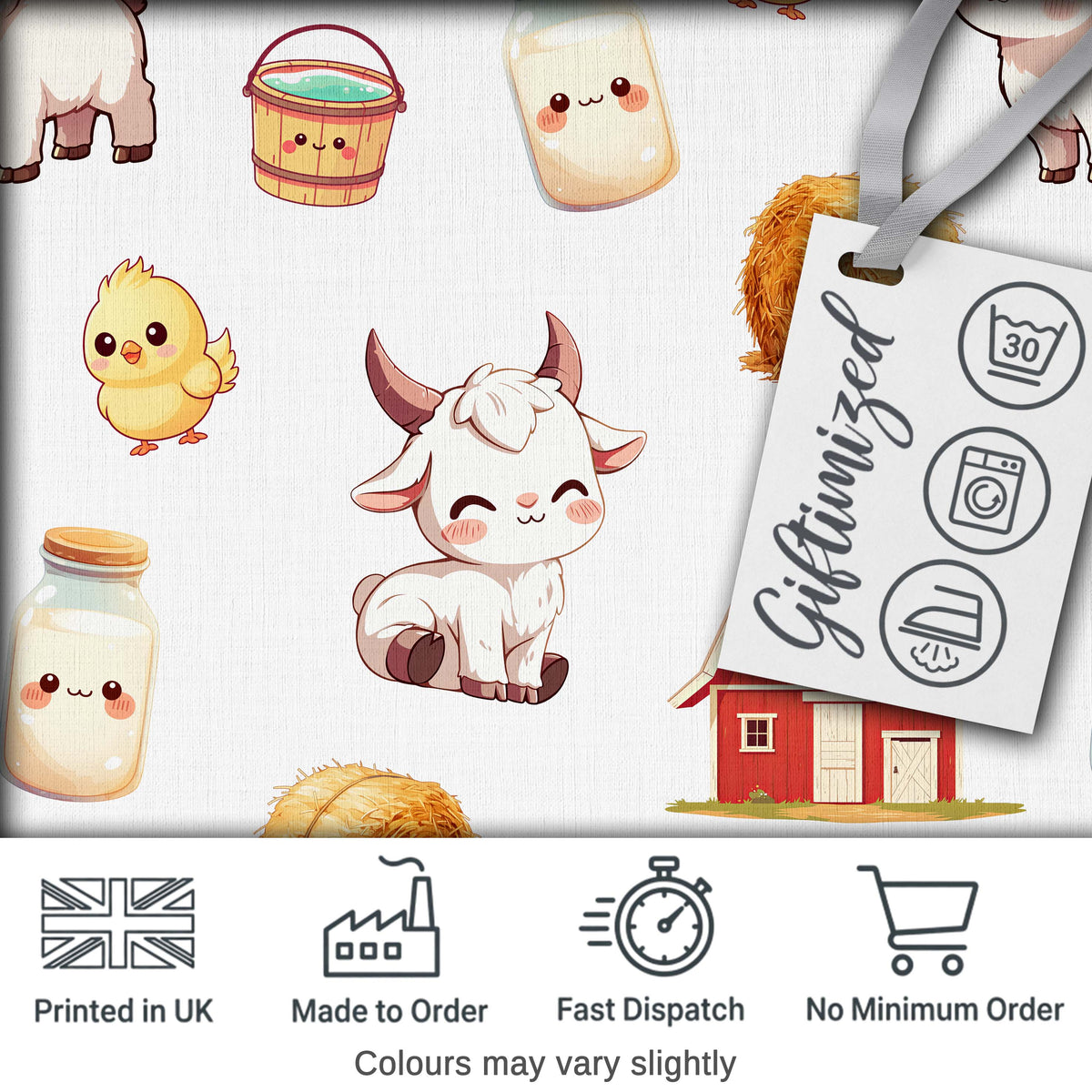 Cute Baby Goat Barn Hay Milk Chick Farm Grey Seamless Pattern Digital Print Fabric by the Metre UK Sewing Quilting Textile