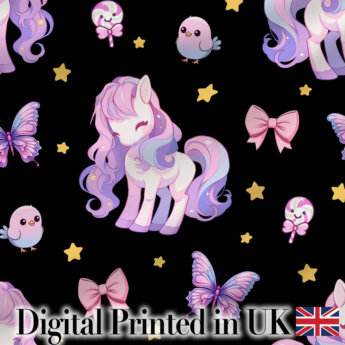 Cute Unicorn Pastel Stars Birds Bows Candy Black Seamless Pattern Digital Print Fabric by the Metre UK Sewing Quilting Textile