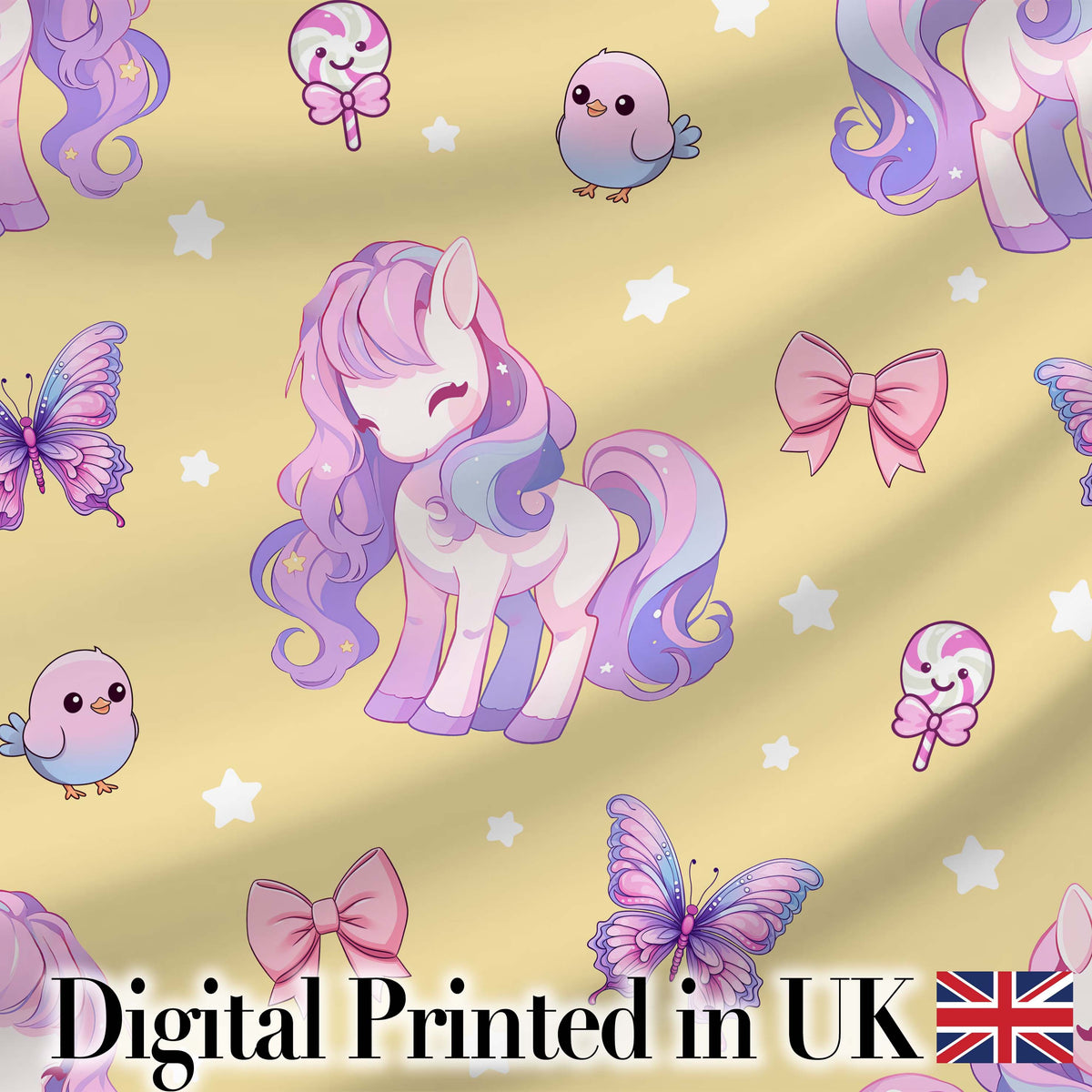 Cute Unicorn Pastel Stars Birds Bows Candy Yellow Seamless Pattern Digital Print Fabric by the Metre UK Sewing Quilting Textile