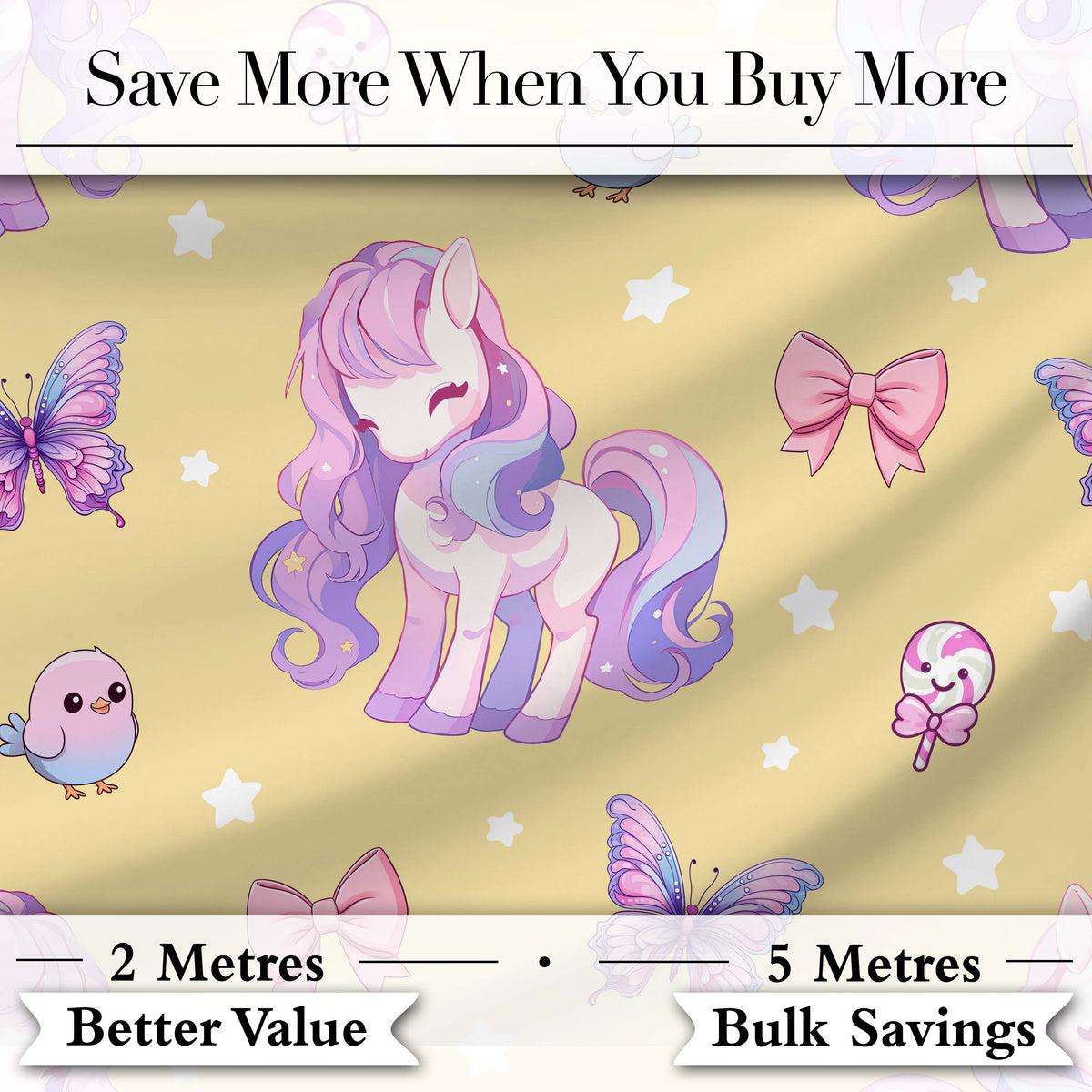 Cute Unicorn Pastel Stars Birds Bows Candy Yellow Seamless Pattern Digital Print Fabric by the Metre UK Sewing Quilting Textile