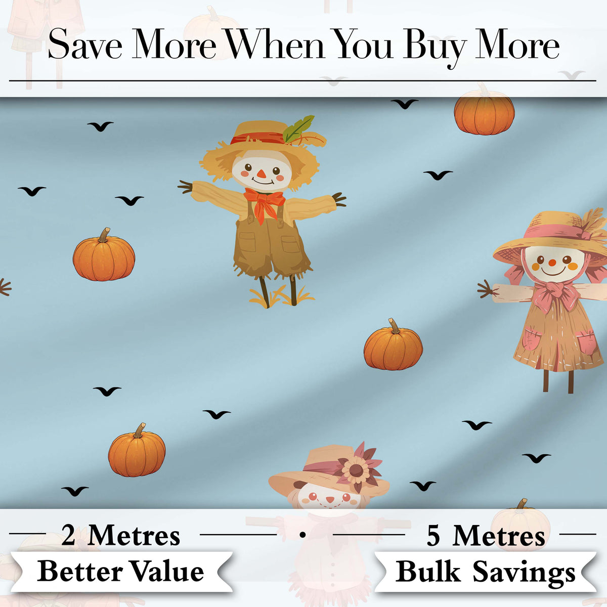 Cute Autumn Scarecrow Pumpkins Birds Blue Seamless Pattern Digital Print Fabric by the Metre UK Sewing Quilting Textile