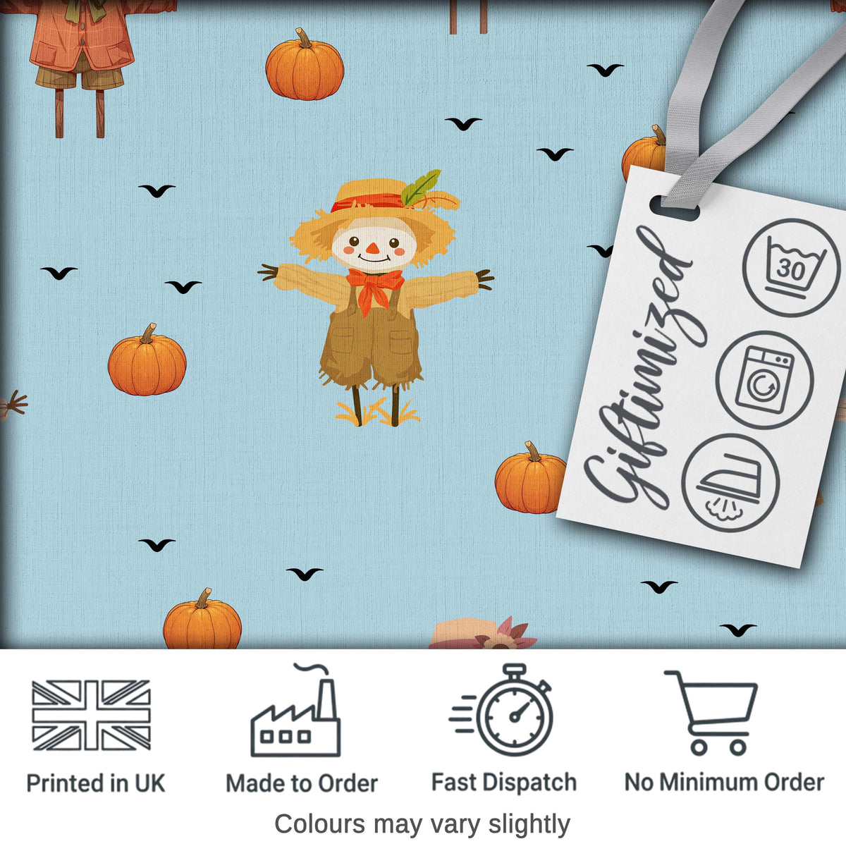 Cute Autumn Scarecrow Pumpkins Birds Blue Seamless Pattern Digital Print Fabric by the Metre UK Sewing Quilting Textile