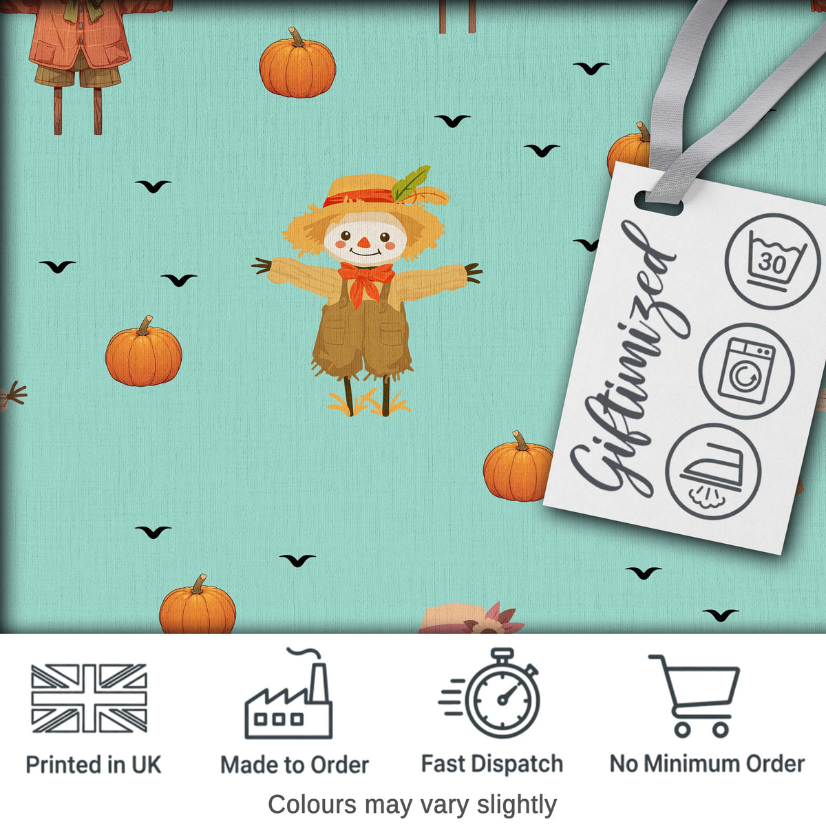 Cute Autumn Scarecrow Pumpkins Flying Birds Teal Seamless Pattern Digital Print Fabric by the Metre UK Sewing Quilting Textile