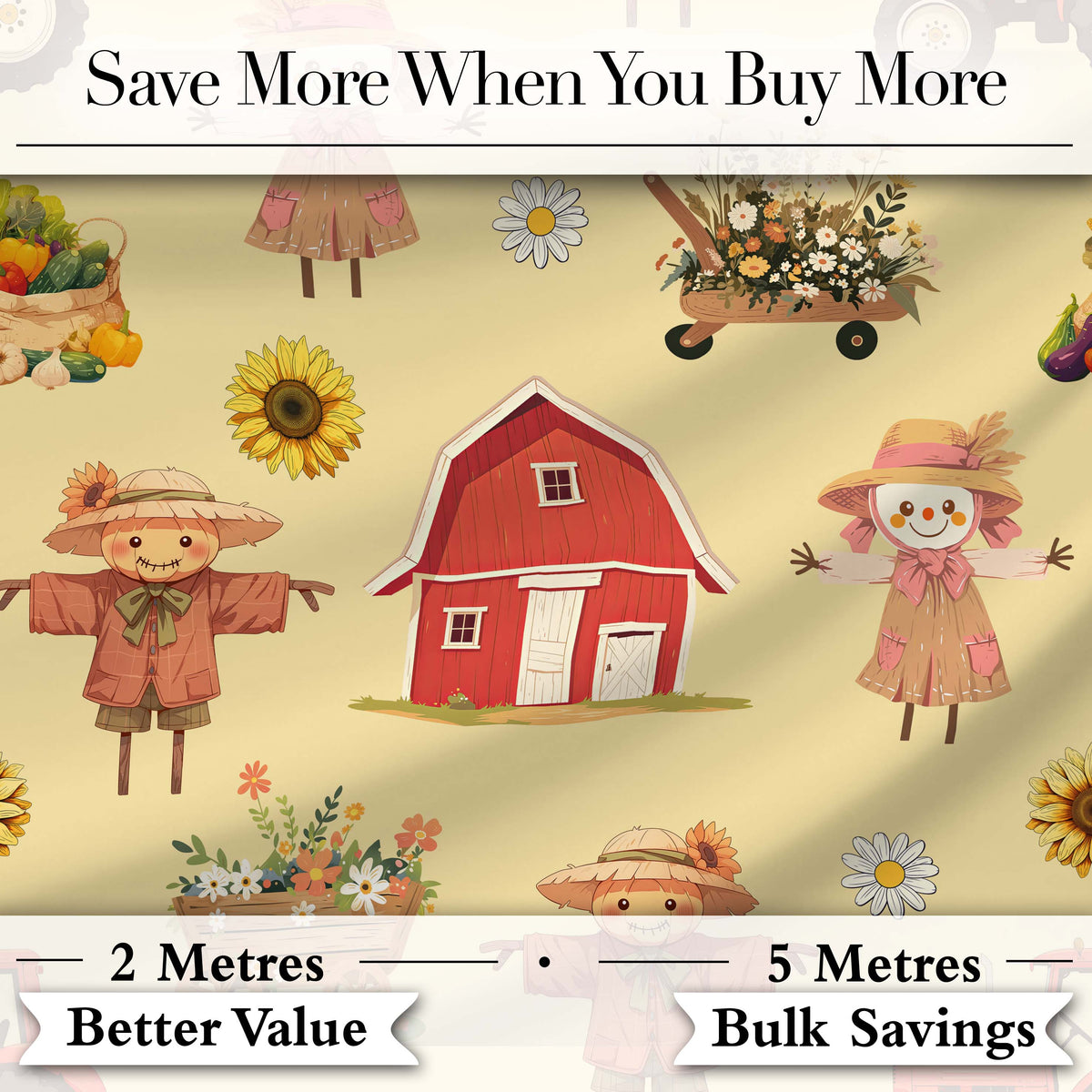 Cute Autumn Farm Barn Scarecrow Sunflower Floral Yellow Seamless Pattern Digital Print Fabric by the Metre UK Sewing Quilting Textile