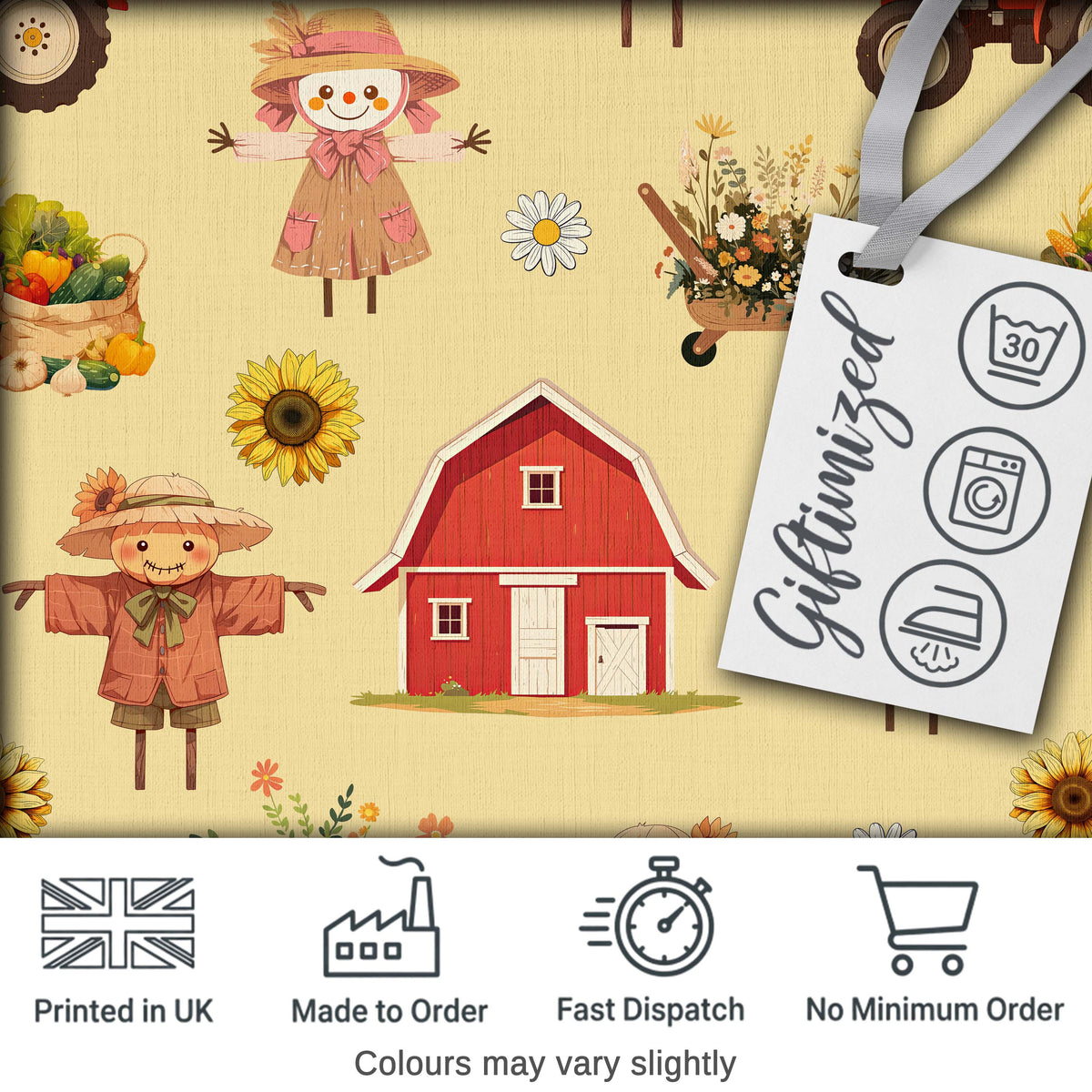 Cute Autumn Farm Barn Scarecrow Sunflower Floral Yellow Seamless Pattern Digital Print Fabric by the Metre UK Sewing Quilting Textile