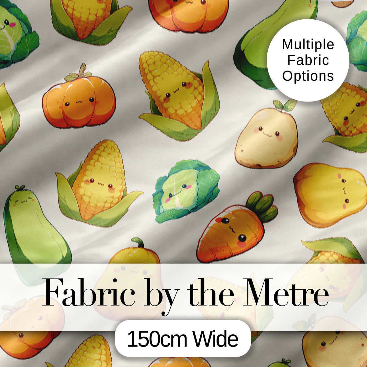 Cute Kawaii Autumn Vegetables Corn Pumpkin Carrot Beige Seamless Pattern Digital Print Fabric by the Metre UK Sewing Quilting Textile